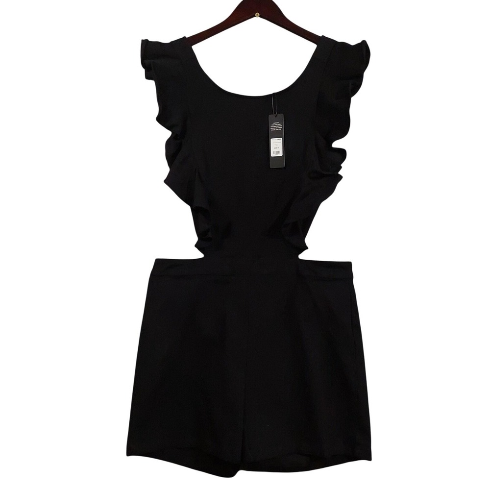 Fashion Nova Janis Denim Romper Womens 1X Black Ruffle Sleeveless Zip NWT